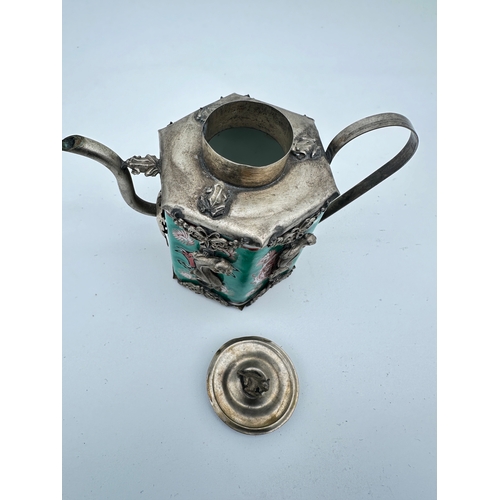 699 - Chinese Ceramic Hot Water Pot with White Metal Detail