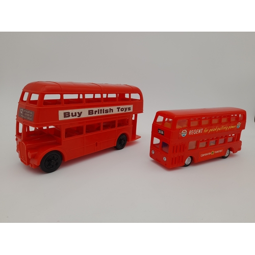 279 - Group of Hong Kong Plastic Toy Buses, Tri-ang Lugsail Dinghy and Kleeware Pirate Ship