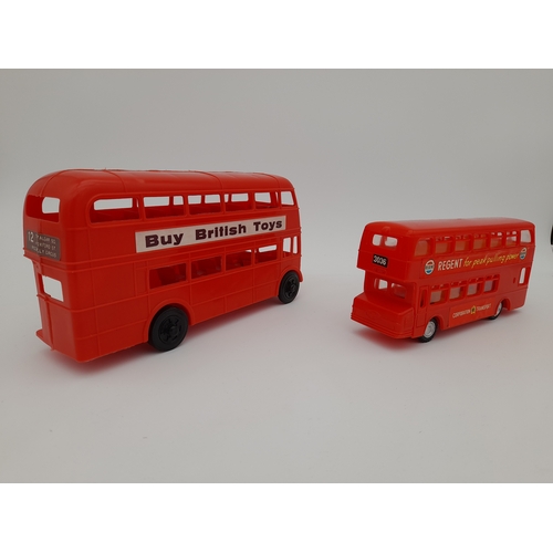 279 - Group of Hong Kong Plastic Toy Buses, Tri-ang Lugsail Dinghy and Kleeware Pirate Ship