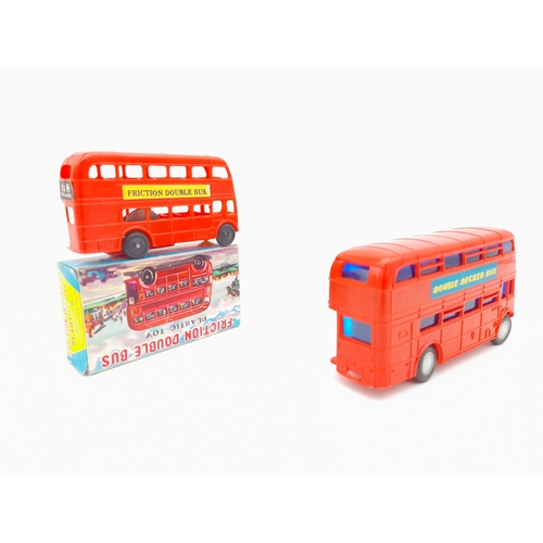 279 - Group of Hong Kong Plastic Toy Buses, Tri-ang Lugsail Dinghy and Kleeware Pirate Ship