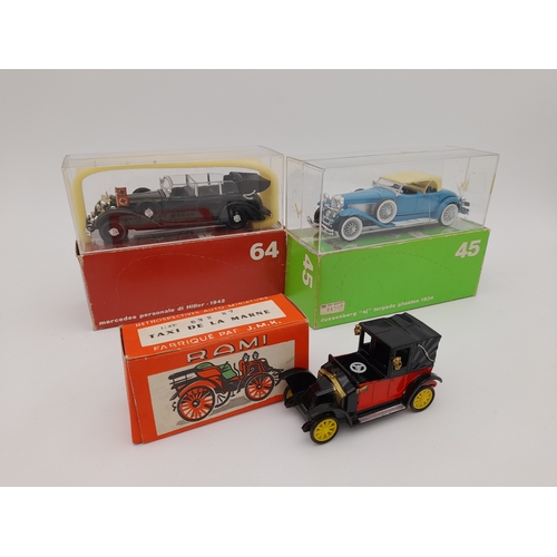 280 - Two Boxed Rio Cars including Hitler Mercedes and Deusenberg and Boxed Rami Taxi De La Marne