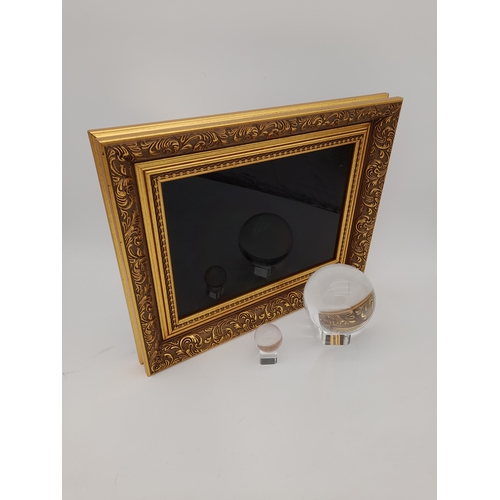 479 - Scrying Mirror and 2 Crystal Balls w/ Fitted Bases - mirror frame 39cm x 31cm