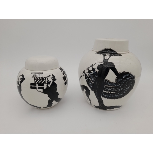 691 - Art Deco Burleigh Ironstone Hand-Painted Lidded Ginger Jars - black Art Deco images after Aubrey Bea... 