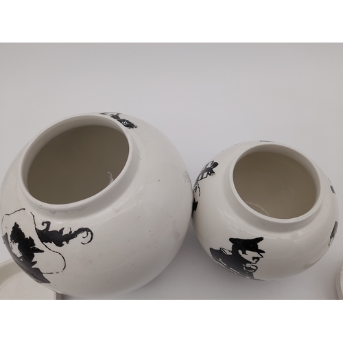 691 - Art Deco Burleigh Ironstone Hand-Painted Lidded Ginger Jars - black Art Deco images after Aubrey Bea... 