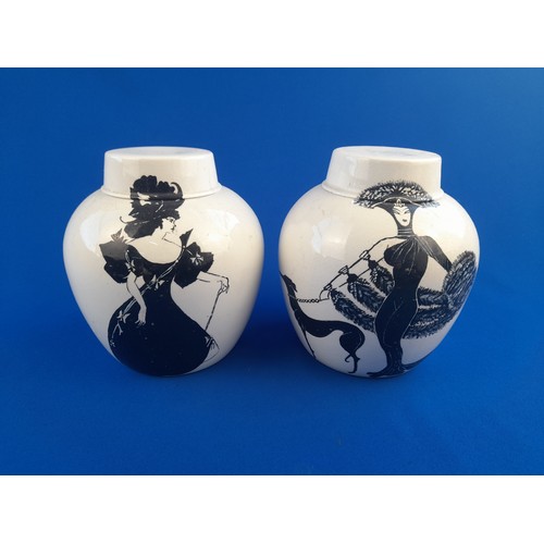 691 - Art Deco Burleigh Ironstone Hand-Painted Lidded Ginger Jars - black Art Deco images after Aubrey Bea... 