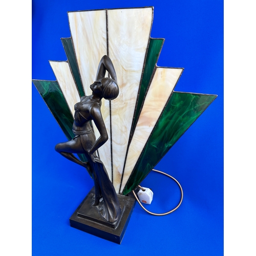 944 - Art Deco Style Cold Cast Bronze & Leaded Glass Table Lamp