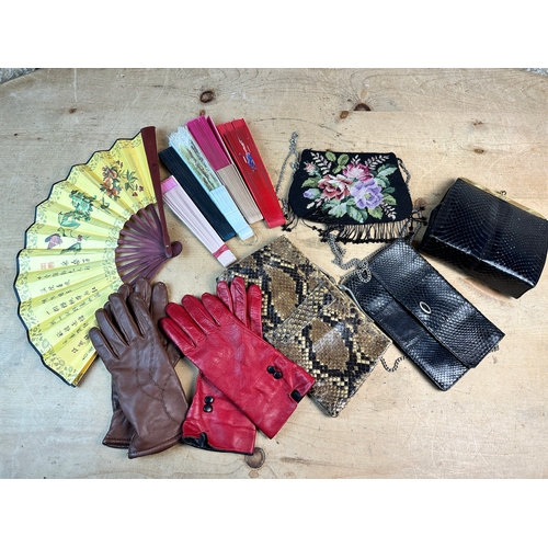 856 - Group of Vintage Snakeskin Bags, Ladies Leather Gloves & Fans