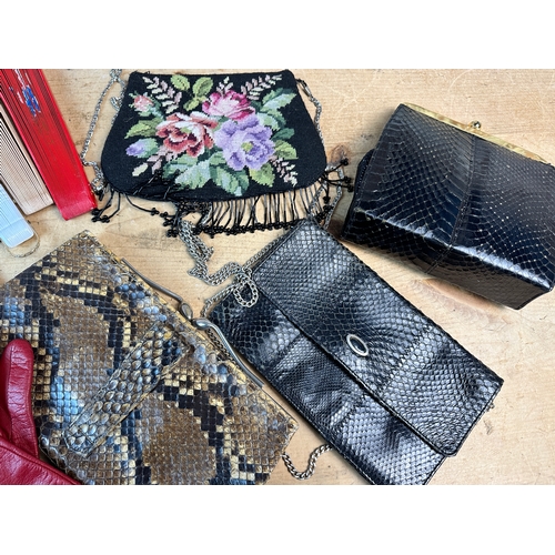 856 - Group of Vintage Snakeskin Bags, Ladies Leather Gloves & Fans