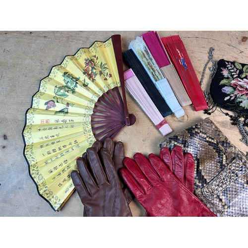 856 - Group of Vintage Snakeskin Bags, Ladies Leather Gloves & Fans