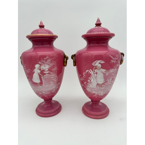 729 - Pair of Victorian Pink Glass Urns & Covers with Mary Gregory Style Enamel Painting - one a/f