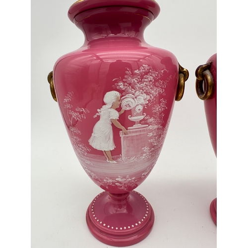 729 - Pair of Victorian Pink Glass Urns & Covers with Mary Gregory Style Enamel Painting - one a/f