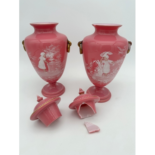 729 - Pair of Victorian Pink Glass Urns & Covers with Mary Gregory Style Enamel Painting - one a/f