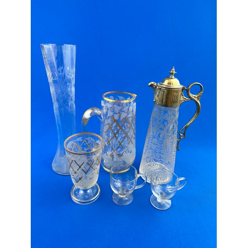 730 - Antique Glass Items including Etched Claret Jug & Custard Glasses