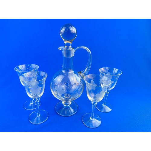 731 - Etched Footed Decanter with Matched set of Four Glasses