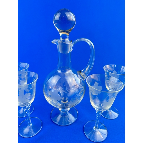 731 - Etched Footed Decanter with Matched set of Four Glasses