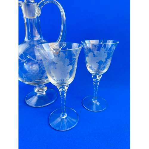 731 - Etched Footed Decanter with Matched set of Four Glasses