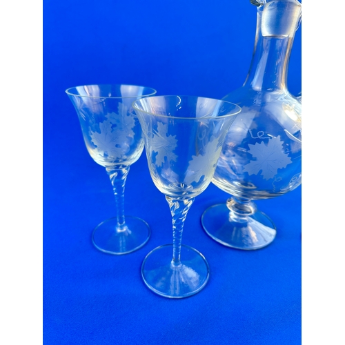 731 - Etched Footed Decanter with Matched set of Four Glasses