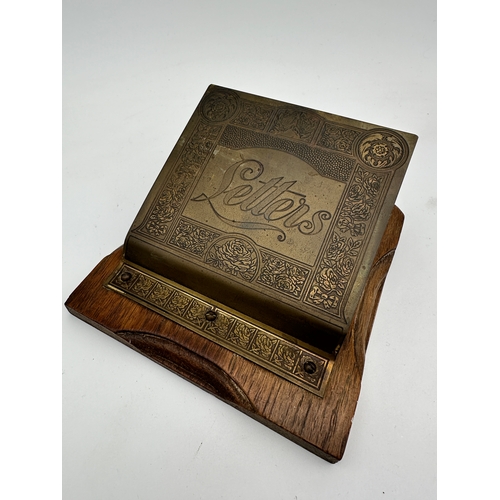 421 - Vintage Brass & Oak Letter Holder