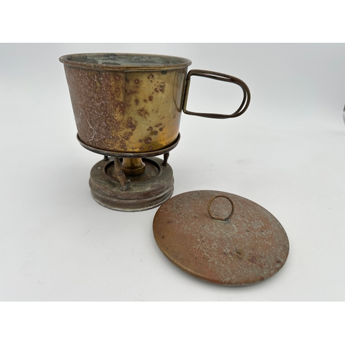 423 - 19th Century Brass Travelling Saucepan with Spirit Burner & Stand