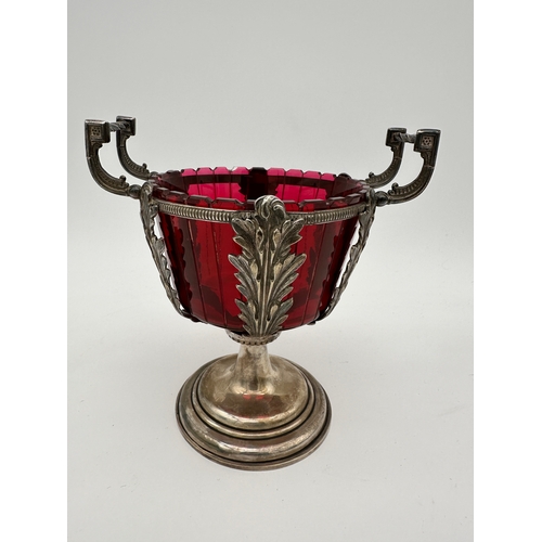 428 - Victorian Footed Sugar or Bonbon Bowl, White Metal with Cranberry Glass Insert