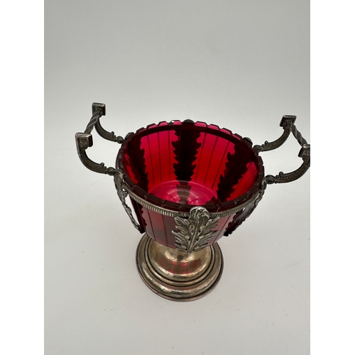 428 - Victorian Footed Sugar or Bonbon Bowl, White Metal with Cranberry Glass Insert