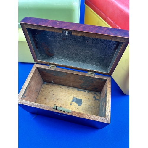 453 - Two Vintage Plastic Jury Bread Boxes with Wooden Tea Caddy