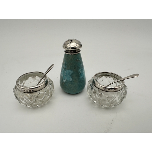 106 - Silver Topped Salts with Hallmarked Silver Spoons & Silver Topped Pepperette