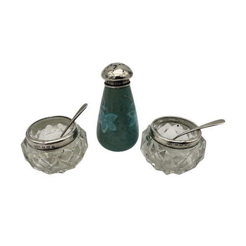 106 - Silver Topped Salts with Hallmarked Silver Spoons & Silver Topped Pepperette