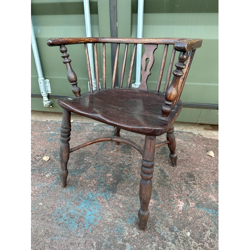 1010 - Cut Down Hoop Back Antique Windsor Elbow Chair with Crinoline Stretcher