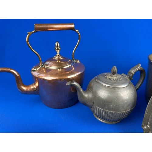 444 - Good Selection of Antique Metalware and Pewter inc. Early Pint and Quart Pots, Copper and Pewer Teap... 