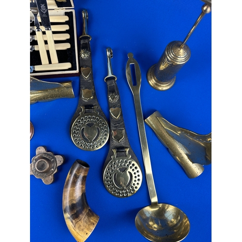 447 - Mixed Metalware inc. Poker Stand, Brass Ladle, Hearth Brush etc.