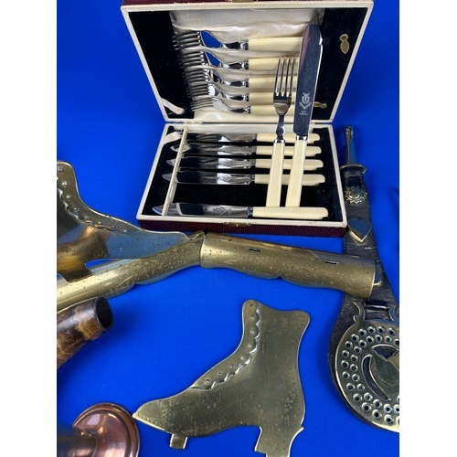 447 - Mixed Metalware inc. Poker Stand, Brass Ladle, Hearth Brush etc.