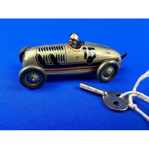 315 - German Clockwork Tinplate Mercedes Racing Car with Key - Working