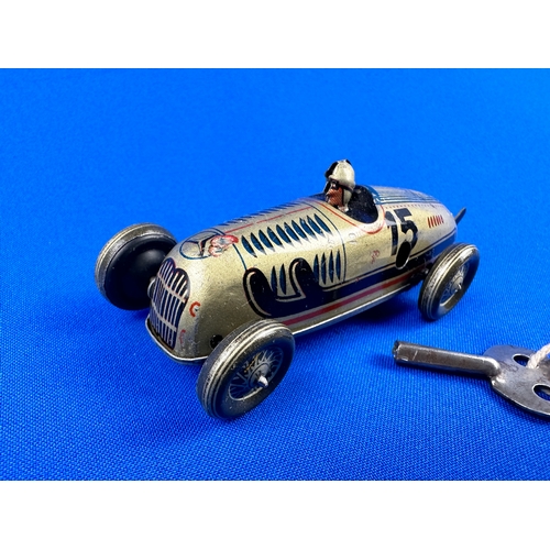 315 - German Clockwork Tinplate Mercedes Racing Car with Key - Working