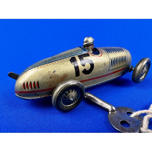 315 - German Clockwork Tinplate Mercedes Racing Car with Key - Working