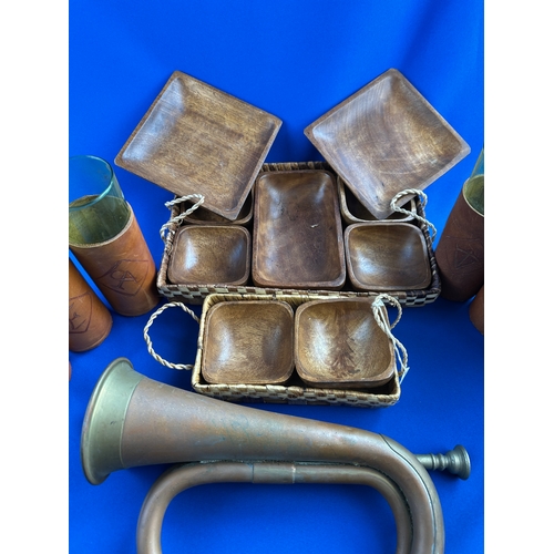 344 - Mixed Lot inc. Bugle, Wooden Trays, and Leather Bound Glasses