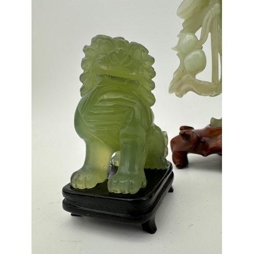 706 - Two Nephrite Jade Geisha Figures, possibly Meirin and Guanyin alongside Two Foo Dogs with Stands