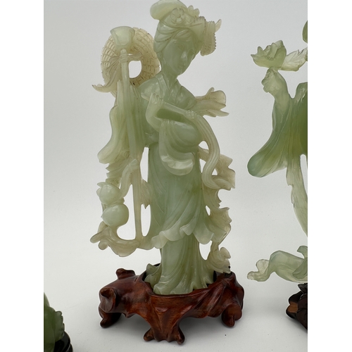 706 - Two Nephrite Jade Geisha Figures, possibly Meirin and Guanyin alongside Two Foo Dogs with Stands