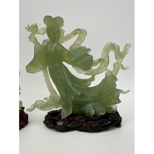 706 - Two Nephrite Jade Geisha Figures, possibly Meirin and Guanyin alongside Two Foo Dogs with Stands