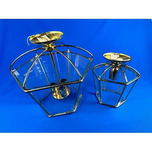 935 - Two Brass & Beveled Glass Lantern Style Pendant Lamps