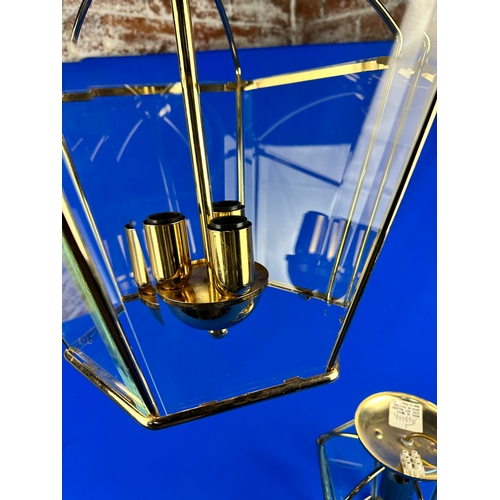 935 - Two Brass & Beveled Glass Lantern Style Pendant Lamps