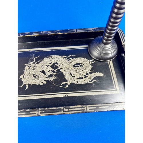 335 - Japanese Style 'Lacquered' Dragon Design Tray with Hardwood Bobbin Turned Candlestick