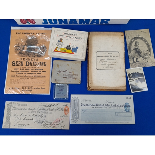 361 - Box of Mixed Ephemera including Cheques and Photographs