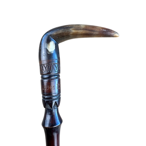 472 - Boer War, Prisoner of War Art Walking Stick. St Helena 1901. Horn Handle.