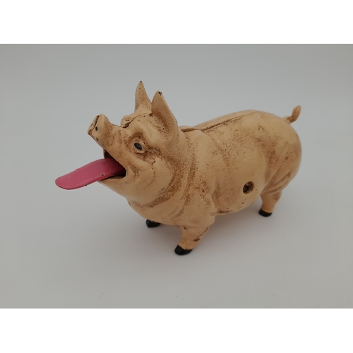 478 - Mechanical Cast Iron Coin Eating Pig Money Bank - 21.5cm long