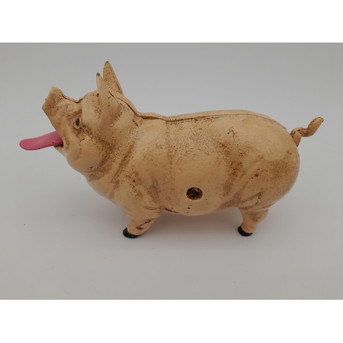 478 - Mechanical Cast Iron Coin Eating Pig Money Bank - 21.5cm long