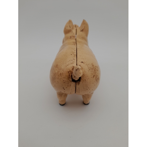 478 - Mechanical Cast Iron Coin Eating Pig Money Bank - 21.5cm long