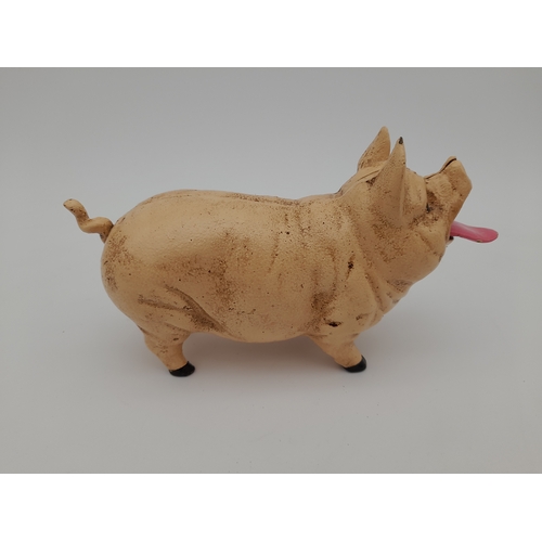 478 - Mechanical Cast Iron Coin Eating Pig Money Bank - 21.5cm long