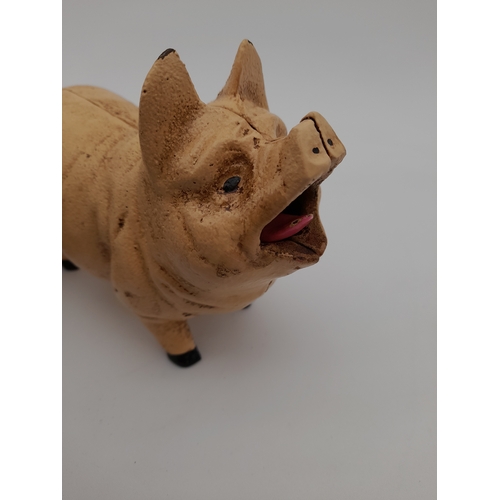 478 - Mechanical Cast Iron Coin Eating Pig Money Bank - 21.5cm long