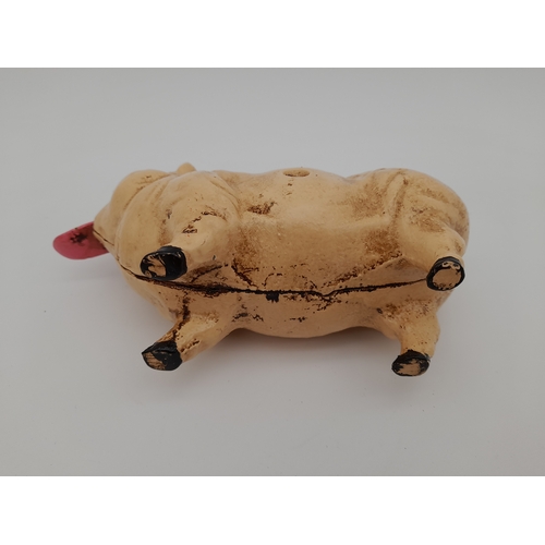 478 - Mechanical Cast Iron Coin Eating Pig Money Bank - 21.5cm long